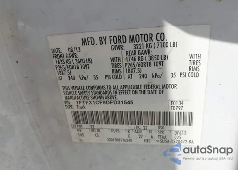 2013 Ford F-150 Stx из США, поврежденный, VIN 1FTFX1CF9DFD31545